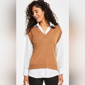 Anne Klein Camel Tan V-Neck Sweater with Attached Collared Blouse